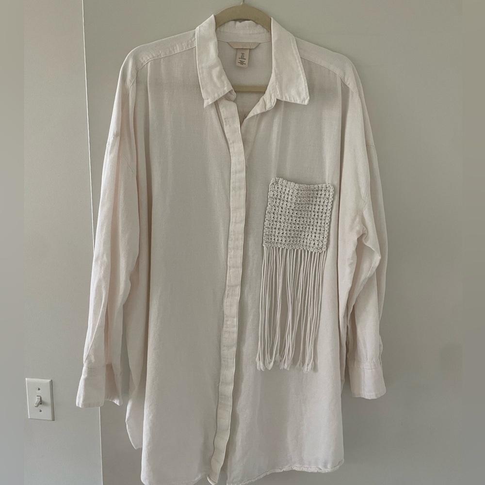 2022 H&M Oversized Cotton & Linen Tassel Button Shirt L